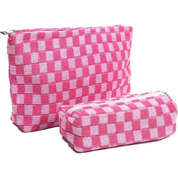 Women Large Cosmetic Bag Set with Makeup Brush Bag Checkered Cosmetic Pouch Pink - Picture 1 of 5
